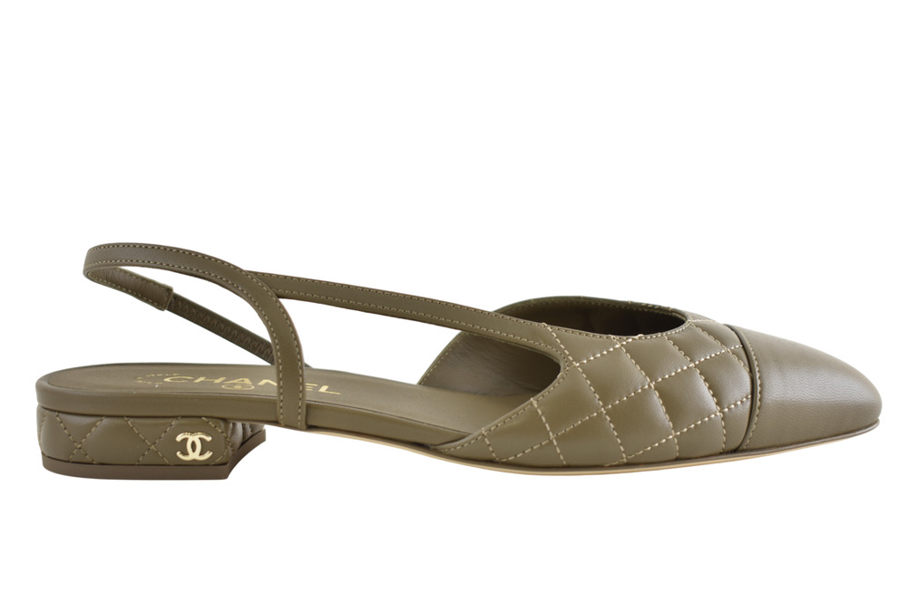 Chanel 26B Dark Khaki Green Quilted Coco Sling CC Logo Slingback Ballet Flat 39